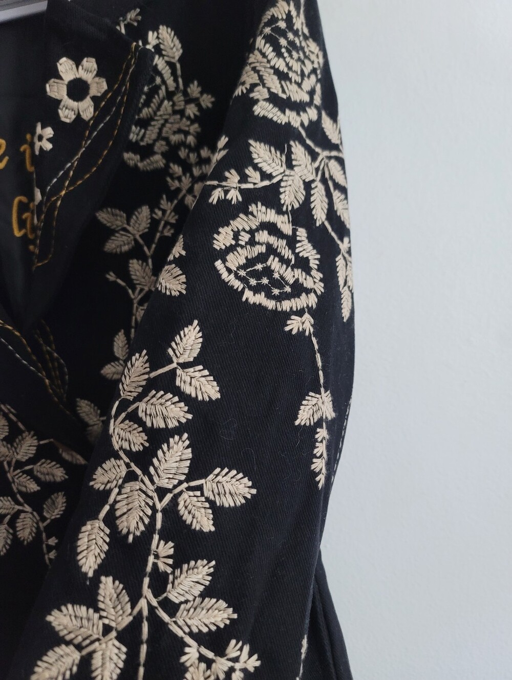 Floral Embroidered Boho Structured Coat Neutral Size Large 100% Cotton Black - Picture 6 of 12
